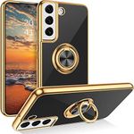 for Samsung Galaxy S21 Ring Holder Case Edge Plating 360 Degree Rotation Kickstand Cover Silicone TPU Women Girls Slim Soft Protective Case for Samsung S21 (Black)