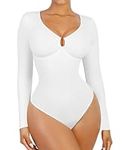 FeelinGirl Long Sleeve Bodysuit for Women Plus Size Tummy Control Thong Shapewear Body Suits Deep V Neck U Ring Going Out Corset Tops White XXL