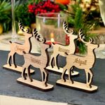 Personalised Christmas/Wedding Reindeer Place Settings, Wood engraved names on stand. Rustic customised seat cards festive table decorations idea