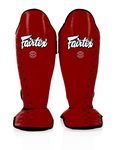 Fairtex Competition Muay Thai Shin Guards, SP5 - Black, Blue, Yellow, Red (Red, Large)