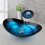 Bathroom Oval Glass Vessel Sinks Countertop Basin Bowl Combo Blue Black, Vanity Waterfall Single Hole Mixer Faucet, Waste Pop-up Drain Set