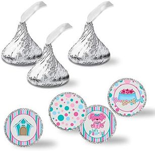 Pink Puppy Dog Paw-ty Birthday Party Kiss Sticker Labels for Girls, 300 Circle Stickers for Chocolate Drop Kisses by Amanda Creation, Great for Party Favors, Envelope Seals & Goodie Bags