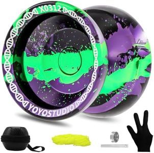 YOYOSTUDIO X0312 Responsive Yoyo Professional Unresponsive Yoyo for Kids 8-12 Finger Spin Trick Yo Yo for Kids Adults Metal Yoyo with Bearing Kit, 10 Yo-Yo Strings, Case & Glove (Black Green Purple)