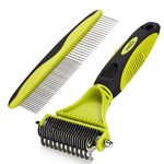 Dematting Comb Grooming Tool Kit for Dog & Cat Double Sided Blade Rake Comb with Grooming Brush Loose Undercoat, Mats, Tangles and Knots Removal for Medium Long Thick Pet