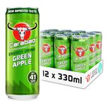 Carabao Energy Drink Green Apple, 12 x 330ml Cans Case, Low Calorie, Lower Sugar, Fizzy Fruit Flavour, Vegan, Gluten Free Drink. B Vitamins, Taurine, Caffeine with Zero Crash, Bulk Crates, Multipack