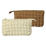 Navaris Large Puffy Makeup Bag, Set of 2 - Coquette Quilted Pouch Design - Preppy Clean Girl Aesthetic - Lightweight Cosmetic Bags - Make up, Skincare & Toiletries - Brown & Beige