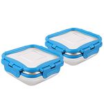 Cello Click It Square Stainless Steel Lunch Pack for Office & School Use, Blue, Set of 2, Capacity - 300ml