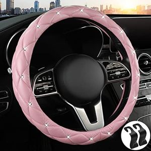CaromBang Pink Car Steering Wheel Cover Leather, Sparkly Crystal Diamond Steering Wheel Protector Gem Steering Wheel Cover Car Accessories for Women,Universal 15 Inch fit Truck SUV Vans Sedans