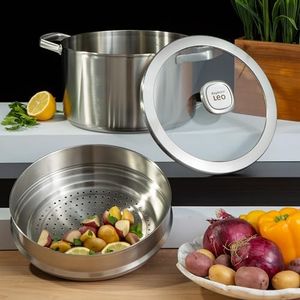 BergHOFF Graphite 3Pc Steamer Set With Glass Lid, Recycled 18/10 Stainless Steel, Induction Pot, For Stew Soup Steam, Measurement Markings Inside, Fast Heating