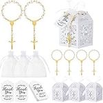 100 Pieces Rosaries Baptism Sets Including 25 Pcs Mini Rosary 25 Pcs Cross Favor Boxes 25 Pcs Organza Gift Bags and 25 Pcs Thank You Kraft Tags Guest Return Gifts for Baby Shower Wedding Decor (Gold)