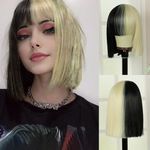 Creamily Blonde and Black Wig Hair Short Straight Cosplay Wig with Bangs for Women Costume Halloween(Half Blonde Half Black)