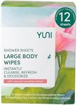 YUNI Beauty Large Body Wipes (Rose Cucumber, 12 Count) Soft Moist Showerless Wipes, Cleanse & Deodorize Waterless Travel Body Cleanser, Biodegradable Individually Wrapped Body Wipes for Camping or Gym