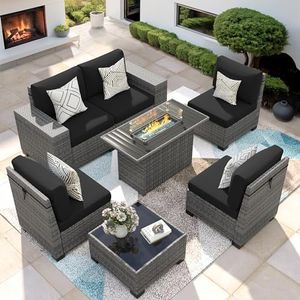 VONZOY 7 Piece Patio Furniture Set with Fire Pit Table, Outdoor Sectional Conversation Sets Wicker Rattan Sectional Sofa with Coffee Table for Patio Garden Backyard, 4'' Thickened Cushion Black