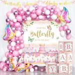 Hombae Butterfly Baby Shower Decorations for Girl, Backdrop Balloon Garland Butterfly Kisses Baby Wishes Banner Tablecloth Cake Topper Box Cutout 3D Butterfly A Little Butterfly Is On the Way 155 PCs