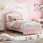 Twin Upholstered Bed Frame With Storage Drawer and Smart Led Headboard, Princess Twin Size Platform Bed Frames for Kids/Girls, Wooden Slats Support, No Box Spring Needed, Easy Assembly, Pink