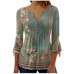 Big Deals Today Returned Women Vintage Floral Blouses 3/4 Flare Sleeve T Shirt Loose Slim Pleated Front V Neck Button Tops Boho Style Tunic Elbow Sleeve Tops(Army Green,XX-Large)