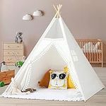 Wilhiker Teepee Tent for Kids Play Tent: with Pompom Ball Lace, Flag, Feathers, Toddler Playhouse for Girls & Boys Indoor Outdoor, Tent for Kids Gifts Toys for Baby Play