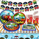 46 PCS Train Party Supplies Steam Train Birthday Decoration Chugga Chugga Birthday Banner Train Party Plates Train Party Tablecloth for Railroad Train Crossing Party