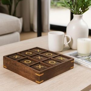 Revolving Wooden Tic Tac Toe Decorative Game - Classic Tabletop Game for Family Gatherings or Living Room Decor - Stylish and Fun Coffee Table Game for Office, Room, and Home Decor Accent - 2", Black