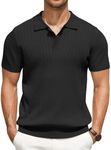 COOFANDY Men's Knit Polo Shirts Short Sleeve Quarter Button Collared Ribbed Polo Shirt Fashion Golf Shirts Black