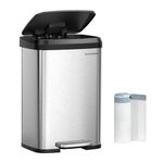 SONGMICS Kitchen Bin, 13 Gallon (50 L) Rubbish Bin, Metal Waste Pedal Bin with Lid, Tall and Large, Silver and Black LTB530E50