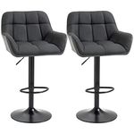 HOMCOM Adjustable Bar Stools Set of 2, Swivel Tufted Linen Fabric Barstools with Footrest and Armrests, Bar Chairs for Kitchen Counter and Dining Room, Black