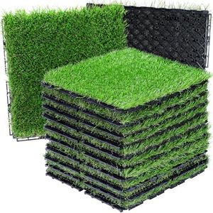 VANCASTLE Artificial Grass Turf Tiles Interlocking Set 9 Pieces, Fake Grass Tiles Self-draining for Pet Indoor/Outdoor Flooring Decor, 12"x12"