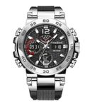 Kara Nicole Mens Diver Sports Wristwatch Digital Analog Quartz LED Waterproof Luxury Watches Duel Time Black Silicone Strap Black Face and Silver Bezel