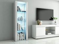 LED Tall Display Cabinet with Glass Shelf,High Gloss Fronts Living Room Cupboard Display Unit Cabinet Sideboard Free Standing Bookcase Storage(White)