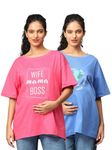 The Mom Store Mom T-Shirt | Cotton | Pre and Post Pregnancy | Quirky Statements | Comfortable | Oversized | Pack of 2 | Fuchsia & Blue | S