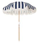 Business & Pleasure Co. Holiday Umbrella - Boho Beach Umbrella with Fringe - UPF 50+ Blocks 98% UV - Premium Wood Pole & Aluminum Hinge - Navy Crew Stripe