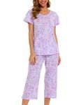 ENJOYNIGHT Women's Pyjama Sets Cotton Pjs Set Short Sleeve Tops with Capri Pants Nightwear Loungewear (XX-Large,Purple)