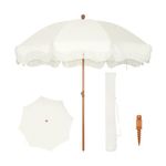 PHI VILLA Beach Umbrella 2M, Portable Fringed Garden Parasol with Ground Drill, Boho Patio Umbrella Round with Carry Bag, Outdoor UV Sun Shade Wind Resistant for Balcony Terrace, UPF 50+, Ivory