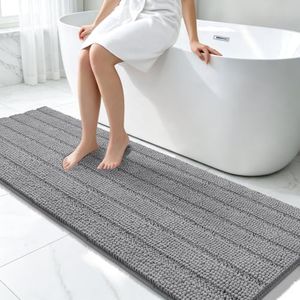 Bcoimo Long Bathroom Rug, Chenille Bath Runner with High Low Pile Design, Soft Absorbent Non Slip Bath Mat, Machine Washable Quick Dry Rug for Shower, Tub, Sink and Vanity
