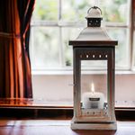 HOSLEY Classic Style Glass Iron Lantern with One Pillar Candle|Silver Hanging Lantern|Diwali Decor|Diwali Decoration for Home|Candle Holders for Home Decor| Pack of 1 (14.5 Inch Long)