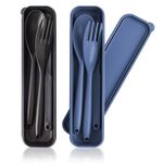 Lnrkai Large Plastic Cutlery Set Camping Utensil Set, 2 Sets Plastic Spoons Fork Knife for Lunch Box Accessories for Adults Travel Picnic Camping Daily Use(Dark Blue, Black)