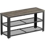 Rolanstar Shoe Bench, 3-Tier Shoe Rack 28.7”, Storage Entry Bench with Mesh Shelves Wood Seat, Rustic Foyer Bench for Hallway Front Door, Doorway, Living Room, Mudroom, Steel Frame, Gray