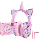 Kids Headphones, Cute Childrens Headphones Wired, Toddler Headphones Foldable with Microphone, HD Sound, 85dB/94dB Volume Control, 3.5mm Jack, Adjustable Headband, for Kids Age 2+ yrs Old (Unicorn)