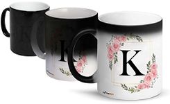 FirseBUY Letters K Ceramic Magic Cup 1Pcs - Alphabet Floral Coffee Cup/Letter Mug, Decorative Mug, Gift for Women, Men, 11 oz (Black)