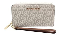 MICHAEL KORS(???????) Womens Jet Set Travel Large Flat Multifunction Phone Case Wristlet (Vanilla/Dark Acorn)