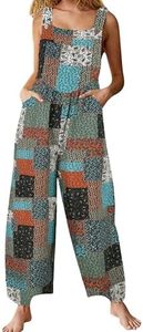 Himosyber Women's Patchwork Dual Pocket Jumpsuit Loose Floral Print Bohemian Wide Leg Bib Overall (GreenBrown-XXL)