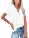 Diosun Womens Button Down V Neck Shirts Short Sleeve Office Casual Business Plain Blouses Tops (Medium, D-White, m)