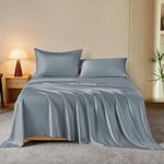 THXSILK Luxury Mulberry Silk Bed Sheets Set - 4pcs Silk Sheets Set 16" Deep Pocket - 1 Flat Sheet, 1 Fitted Sheet, 2 Pillowcases with Zipper Closure - Queen, Stone Blue