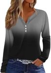 Generic Long Sleeve Tops for Women Henley Button up Womens Shirts Summer V Neck Fall Casual Cute Tops Gradient Print Flowy Thin Blouses Dressy Casual Clothes Dark Gray XL