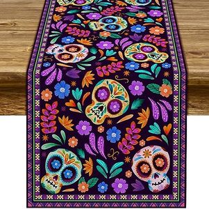 Dia De Los Muertos Table Runner Cinco de Mayo Rustic Linen Mexican Sugar Skull Day of The Dead Altar Decoration for Home Kitchen Dining Room (13" x 72")