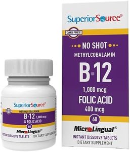 Superior Source No Shot Vitamin B12 Methylcobalamin (1000 mcg), Folic Acid, Quick Dissolve MicroLingual Tablets, 60 Count, Active Form of B12, Increase Energy, Healthy Heart, Boost Metabolism, Non-GMO