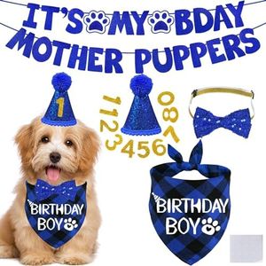 STMK Dog Birthday Decorations, Multi Sizes Dog Birthday Hat Dog Birthday Bandana Boy Bow Tie Birthday Numbers It’s My Bday Mother Puppers Banner for Small Medium Dogs Pets (Blue, Small)