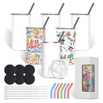 BetterSub 6 Packs 15 oz Sublimation Tumblers Double Wall Insulated Stainless Steel Sublimation Blanks Tumblers White Sublimation Cups with Lid, Metal Straw, Brush, Display Box for Office, Home, Travel