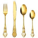 Royal Golden Cutlery Set, MAIENSI 16 Piece Cutlery Set Flatware Set for 4 People Palace Style Mirror Polished Dishwasher Safe Knife Fork Spoon Cutlery for Home Banquet Catering