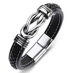 Mens Genuine Black Leather Bracelet Cuff Durable 316L Stainless Steel Magnetic Clasp Personality Bracelets for Husband Boyfriend Dad Gifts (Size:7.87inch/200mm)